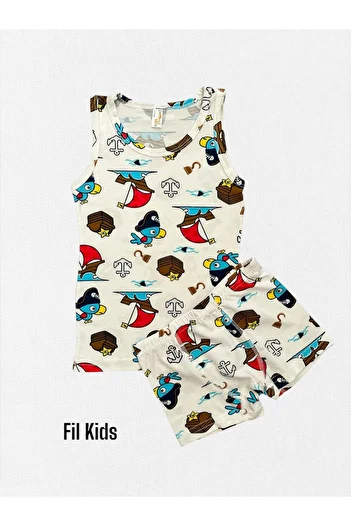 elmas kids Boys' 100% Cotton White Color Captain Parrot Patterned Network Part Stitched Undershirt Boxer Set