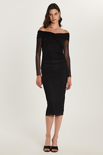 Tudors Women's Slim Fit Slim Fit Long Sleeve Strapless Tulle Detailed Black Dress