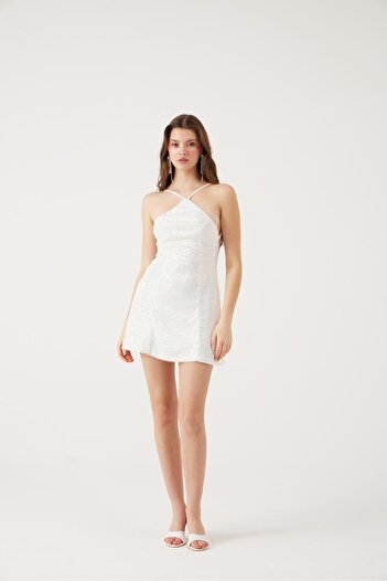 HOLLY LOLLY Sequined Sequin Backless Mini Maeve Dress White
