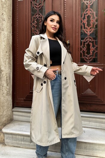 moda armanc Women's Waist-Tie Double-Breasted Collar Long Trench Coat - Beige 9358