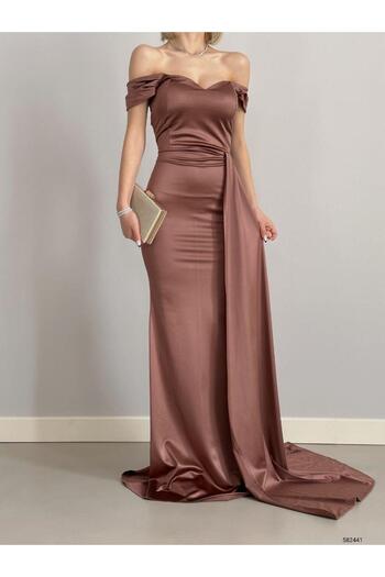 Modafeminen Satin Fabric Off Shoulder Maxi Length Dress 582441 Brown