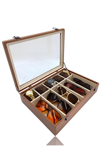 DİJİTAL ÇARŞI MAĞAZACILIK Diji 5 Glasses 5 Watch Box Watch and Glasses Bag Brown Inside Cream Brown Padded