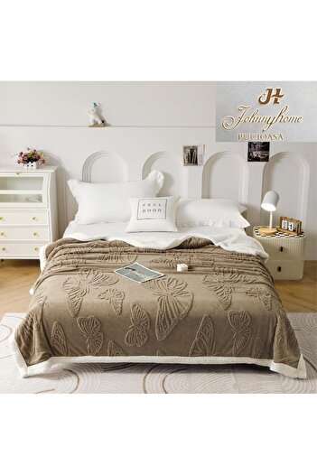 FIONNA.RO Cocolino White Fur Blanket 3D Butterflies - Beige Cocoa With Milk