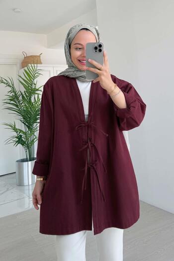 Ka Hijab Front Tie Linen Jacket - Claret Red