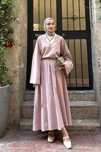Ceylan Otantik Dusty Rose Organic Linen Balloon Skirt & V-Neck Blouse Set