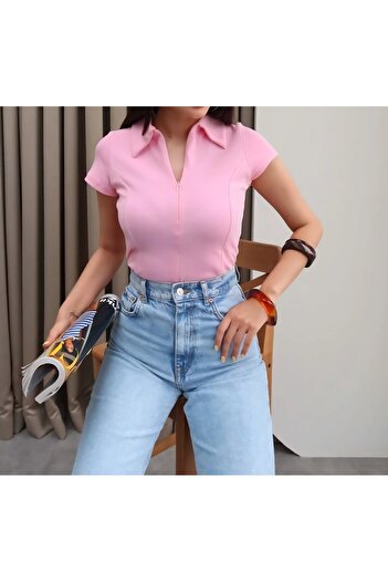 Noa Noa Short Sleeve Crop T-Shirt with Hidden Zipper Collar