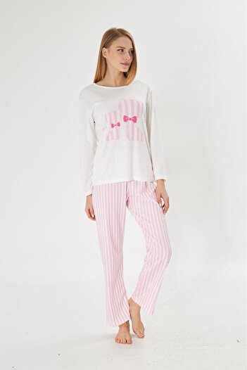 Pajama Shop Set de pijamale pentru femei, 100% bumbac, alb, cu imprimeu de pisici, cu șase dungi roz, cu mâneci lungi și decolteu crew