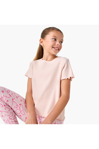 Juniors Ribbed Crew Neck T-shirt with Lettuce Hem