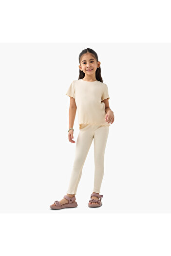 Juniors Ribbed Crew Neck T-shirt with Short Sleeves and Lettuce Hem