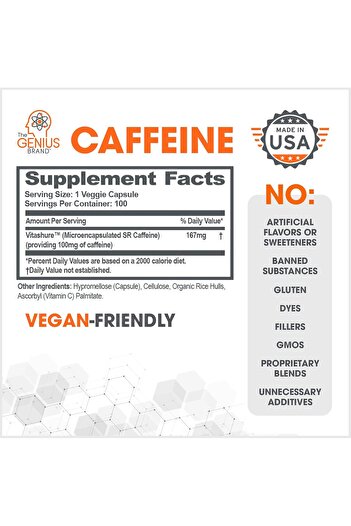 The Genuis Brand The Genius Brand Caffeine Sustained release 100mg Servings per container 100 Capsules