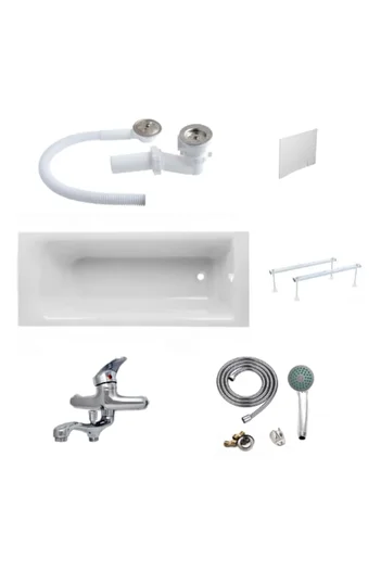 TEMPOLINE Acrylic Bathtub Package 140x70 - Front Mask, Side, Metal Frame, Drain Trap and Shower Faucet