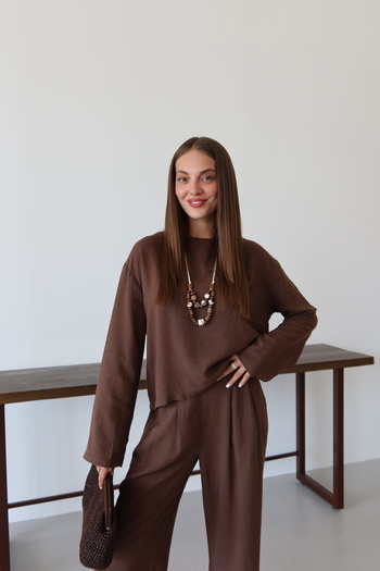 Laluvia Brown Marisol Blouse Pants Suit - 8760