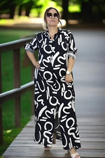 yagmurberen Front to Back Buttoned Figure Printed Shirt Collar Tiril Tiril Cotton Viscosin Large Size Summer Dress