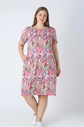 İntensive Women's Plus Size Patterned Short Sleeve Cotton Dress with Pockets