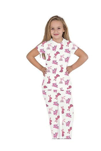 Fidekids Elmas Kids Short Sleeve Bottom Long Rabbit Pattern 100% Cotton Summer Girl Pajamas Set