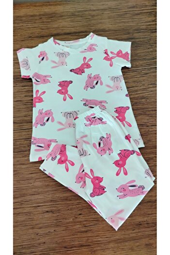 Fidekids Elmas Kids Short Sleeve Bottom Long Rabbit Pattern 100% Cotton Summer Girl Pajamas Set
