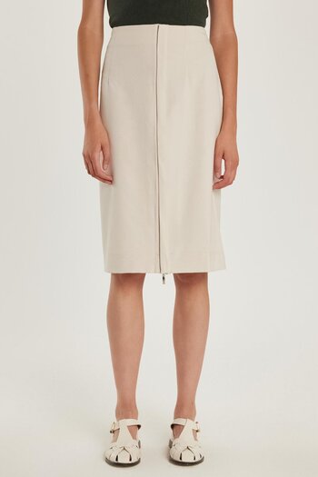 Tudors Women's Slim Fit Midi Length Beige Skirt with Zipper Detail on the Front
