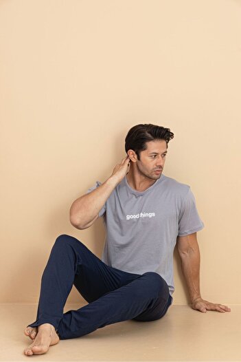 trdpodyum Men's Short Sleeve Pocketed Combed Cotton Pajama Set