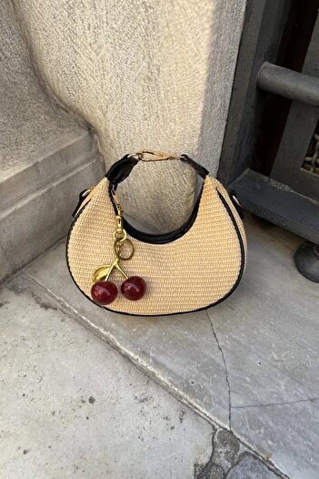 LEONAS Women's Hand and Shoulder Bag Alyona Straw Black with Cherry Charm Gift