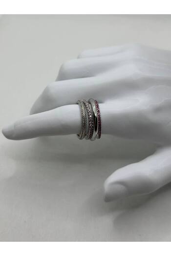lysiaaccessory مجموعة من 4 خواتم فولاذية مرصعة بالأحجار - حجر وردي فضي اللون