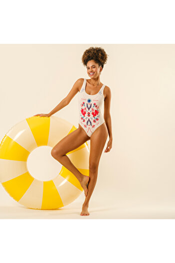 Zsa Zsa Zsu Prınkıpo Printed Beaded Swimsuit 23X21 cm Ecru