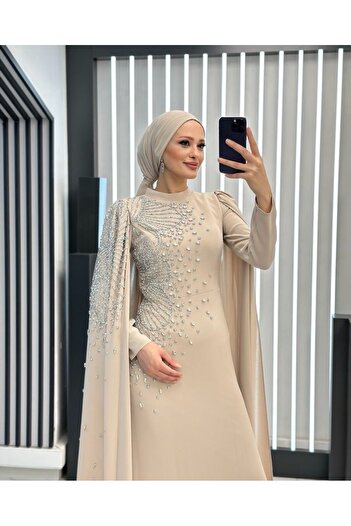 MERETTO By Akıl Suzana Fabric Judge Collar Stone Cape Detailed Lined Evening Dress