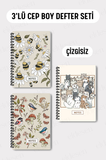 Eldesen Tasarım Set of 3 Pocket Size A6 Spiral Unlined Notebooks, Cardboard Cover 10X14 Cm, 50 Sheets 100 Pages