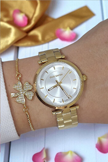 Dice Kayek 5 Atm Waterproof Metallic Dial Steel Elegant Golden Yellow Women's Wrist Watch with Stone Bracelet Gift