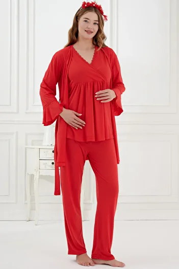 Emose 3-Piece Maternity Pajama Set with Lace and Morning Dress