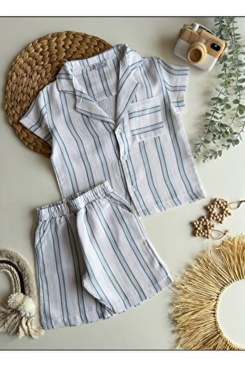 YUKEY GİYİM Over Size Linen Men's Striped Shirt Shorts Set