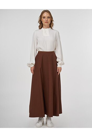Kayra Piping Detailed Flared Skirt Brown