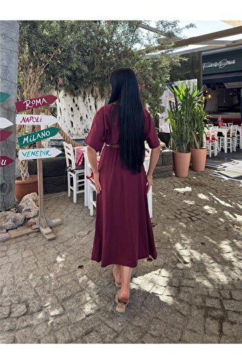 WeShaya Rochie din satin cu curea dublu, culoare burgundă