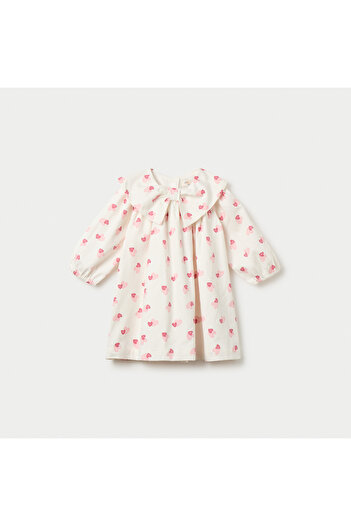 Juniors Heart Print A-Line Dress with Long Sleeves and Bow Accent