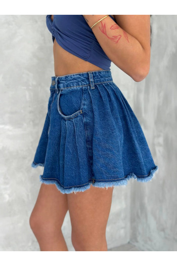 Modayakamoz Mini-fustă elegantă de vară plisată din denim - Saks Blue