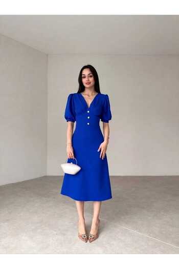 MODA DURAĞI Rochie midi pentru femei, albastru saks, cu decolteu în V, mâneci balon, cu detaliu de nasturi