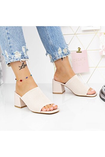 mei Women's Slippers with Thick Heels M325-1 Beige Mei