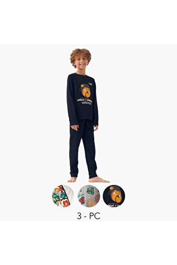 Juniors Printed Long Sleeves T-shirt And Pyjamas - Set Of 3