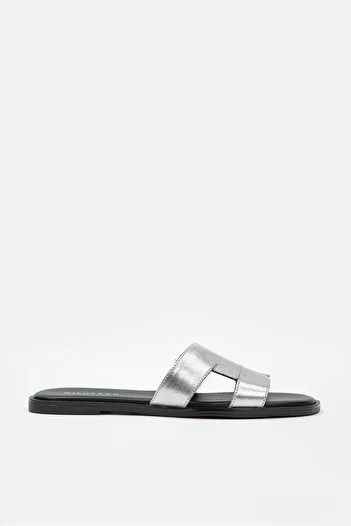 NILUFARR Emilia Silver Genuine Leather Women's Flat Slippers