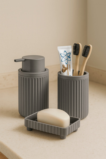 Sas Haus Lines Series Gray Bathroom Set, 3 Piece Oval Acrylic Soap Dish Brush Holder and Liquid Soap Dispenser Set - 3319