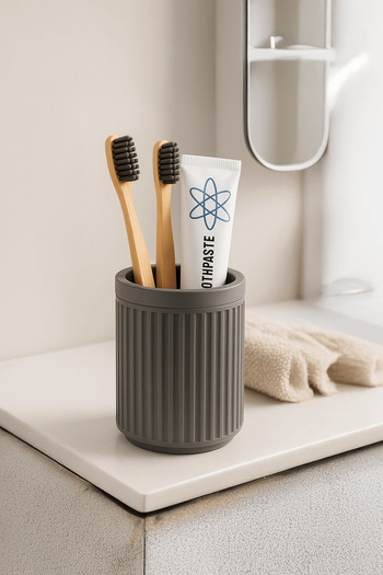 Sas Haus Lines Series Gray Bathroom Set, 3 Piece Oval Acrylic Soap Dish Brush Holder and Liquid Soap Dispenser Set - 3319