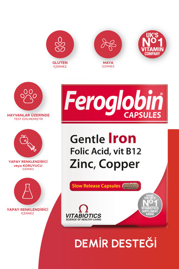 Vitabiotics Feroglobin Demir(Gentle Iron),Vitamin B12,Folik Asit,Çinko,Bakır İçeren Takviye Edici Gıda 30 Kapsül