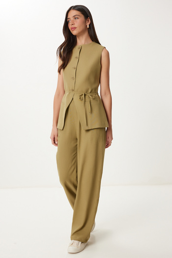 Happiness İstanbul Women's Khaki Tie Detailed Linen Vest Trousers Suit No00026