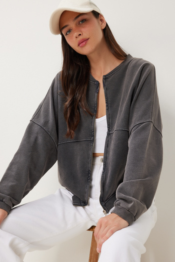 Happiness İstanbul Women's Anthracite Washed Oversize Knitted Sweatshirt Ub00409