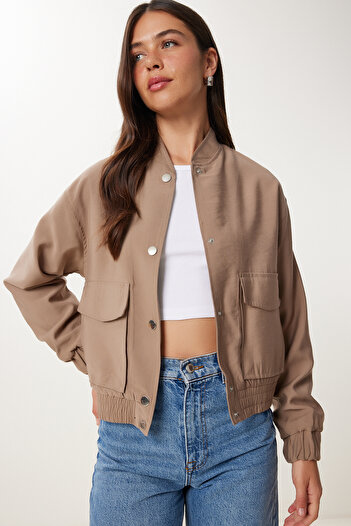 Happiness İstanbul Women's Mink Covered Pocket Gabardine Bomber Jacket Mx00235