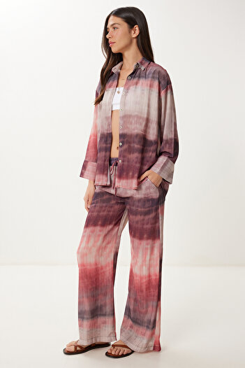 Happiness İstanbul Beige-rosa Batik-gemusterte gewebte Hemdhosen-Set für Damen HR00006