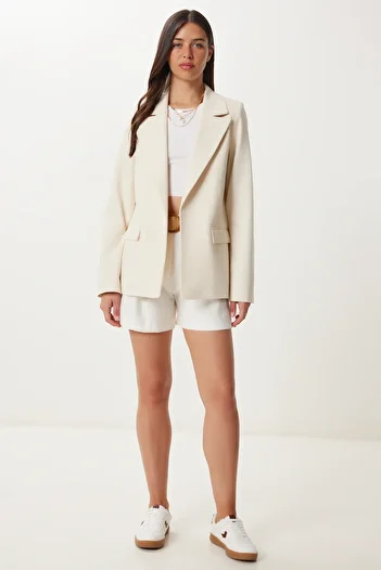 Happiness İstanbul Women's Cream Padded Linen Blazer Jacket Xl00004