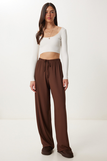 Happiness İstanbul Women's Brown Wide Leg Comfortable Knitted Trousers Pb00054