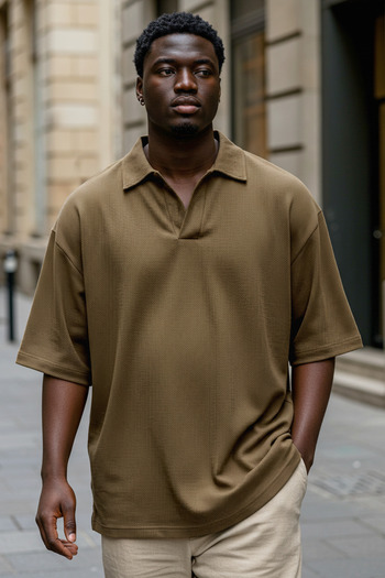 Trendyol Collection Khaki Large Size Oversize/Wide Cut Textured Polo Neck T-Shirt Tmnss25Bp00004