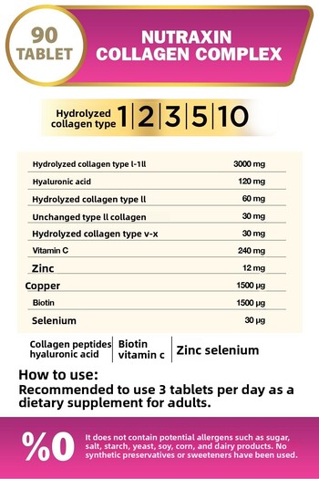 Nutraxin Collagen Beauty Complex 90 Tablets - Hydrolyzed Types 1, 2, 3, 5, 10, Biotin, Zinc, Copper, Hya, Selenium