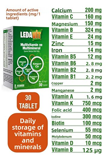 LedaPharma Multivitamin Mineral 30 Tablets (CALCIUM MAGNEZIUM ZINCO IRON ETC.)